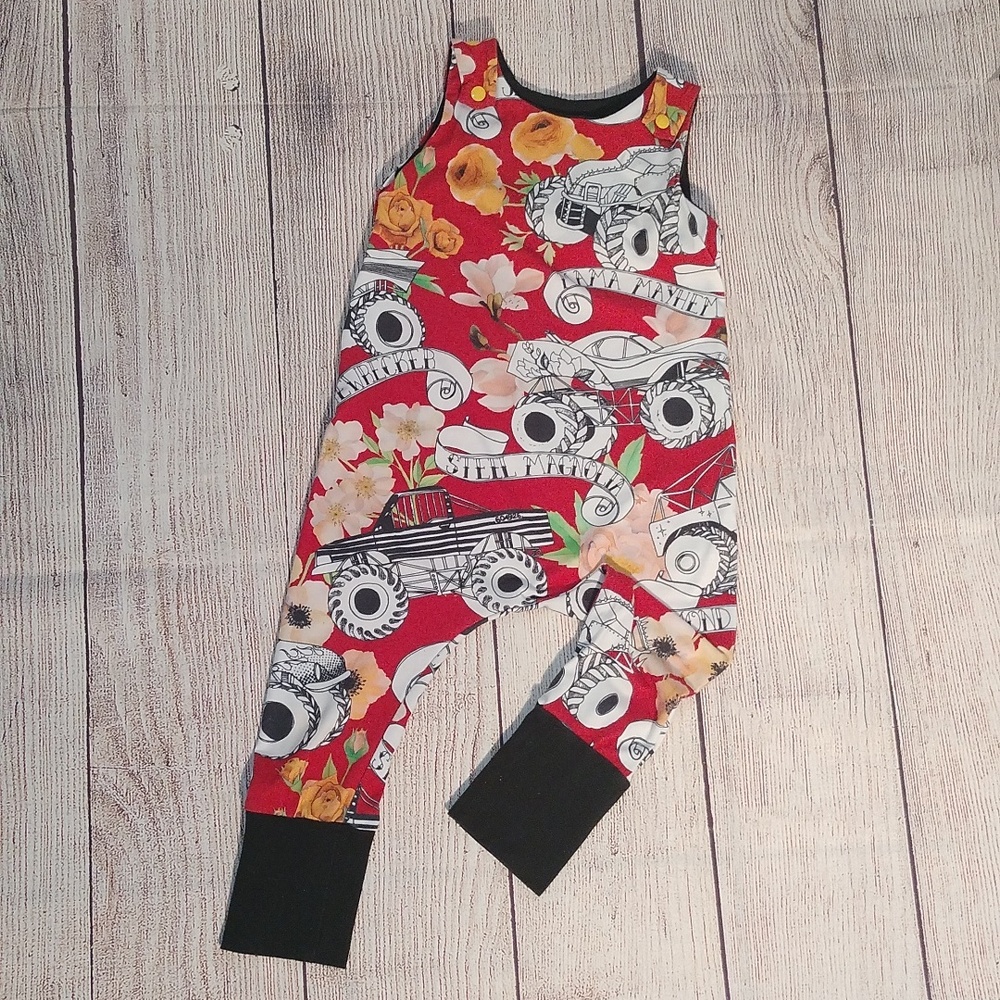 Custom Made ADJUSTABLE Grow-With-Me Infant/Toddler Romper 6m-4+y Monster Cars
